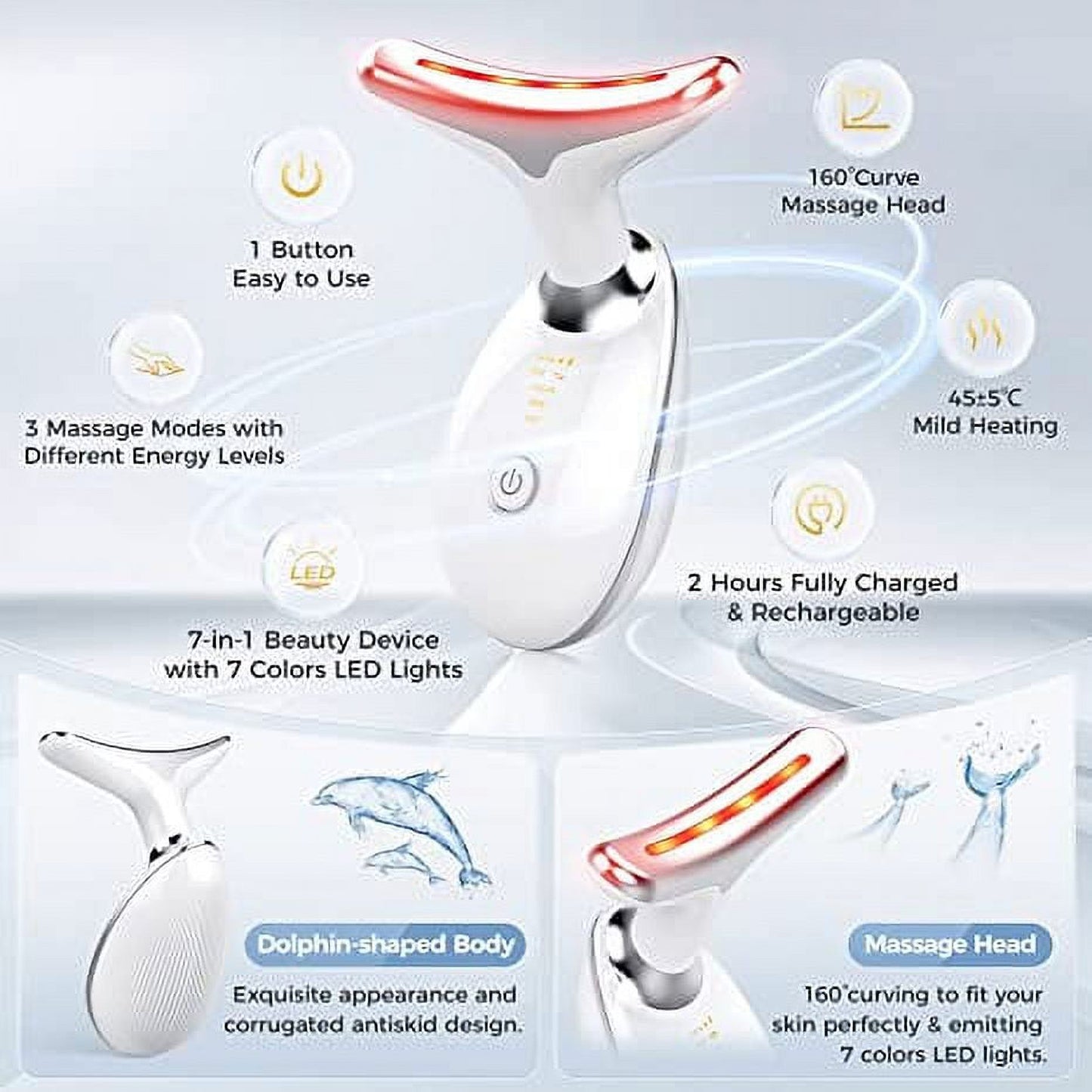 Red Light Therapy for Face, 7 Color LED Face Skin Rejuvenation for Face & Neck Beauty Device,  Neck Tightening Device, Glossy Black